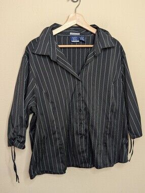 DCC Woman Black Pinstripe Button Down Blouse with Cinched Sleeve Detail 2X